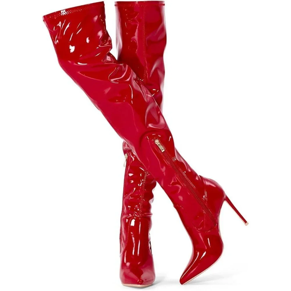 Women Patent Leather Red Polyurethane Over The Knee Stiletto Heel Pointed Boots